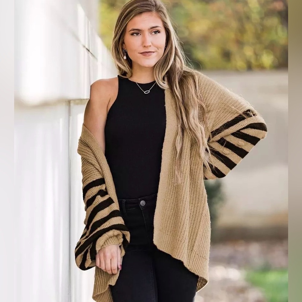 Buckle Willow Root Varsity Striped Oversized Bobble Sleeve Sweater Cardigan